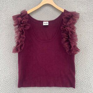 Arula Top Womens A US 14 16 Burgundy Sweater Knit Stretch Tulle Sleeve Cropped